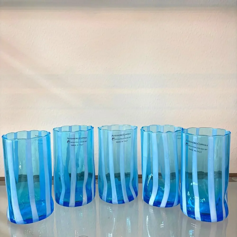 Alessandro Coppola Murano Italy Blue & White Art Glass Tumblers Set of 4 NEW